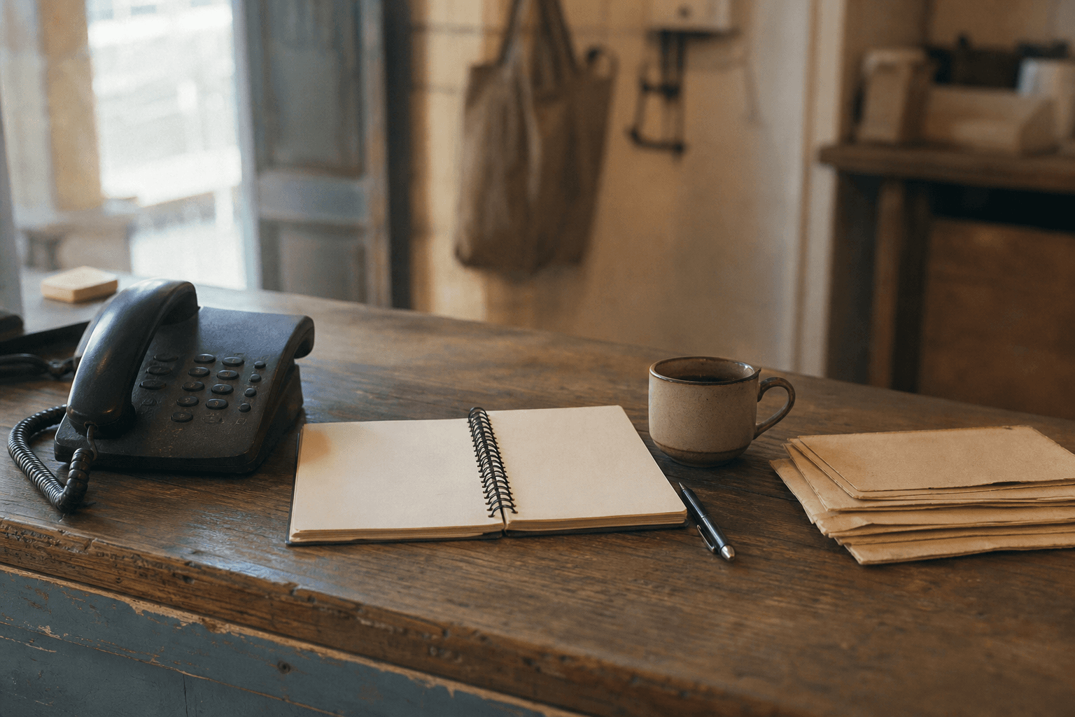Comptoir en bois d’un petit commerce, un téléphone posé à côté d’un carnet ouvert, au matin
